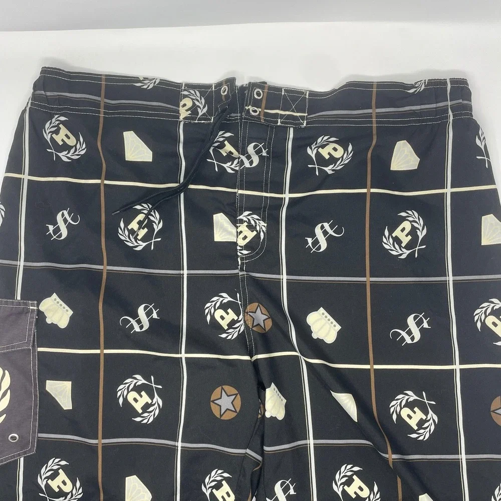 Phat Farm Men's L Black Hip Hop Swim Shorts Trunks Money Crown Diamond Print